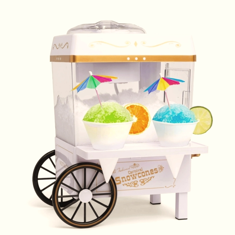 Nostalgia White and Gold Snow Cone Cart Plus 3 Bottles Of Flavors